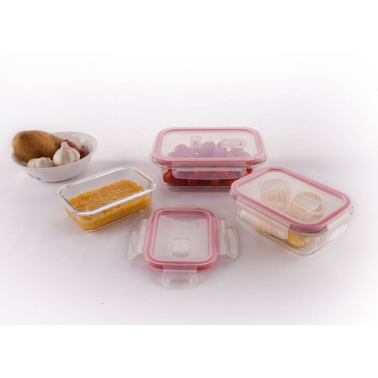 Pyrex Rectangular Glass Storage Containers with White Lids and Red Silicone Seals