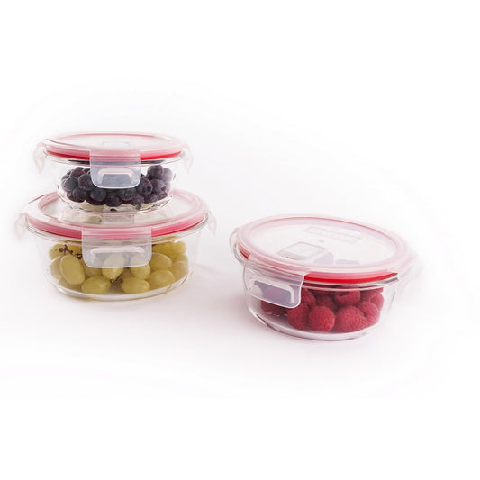 Pyrex Round Glass Storage Containers with White Lids and Red Silicone Seals